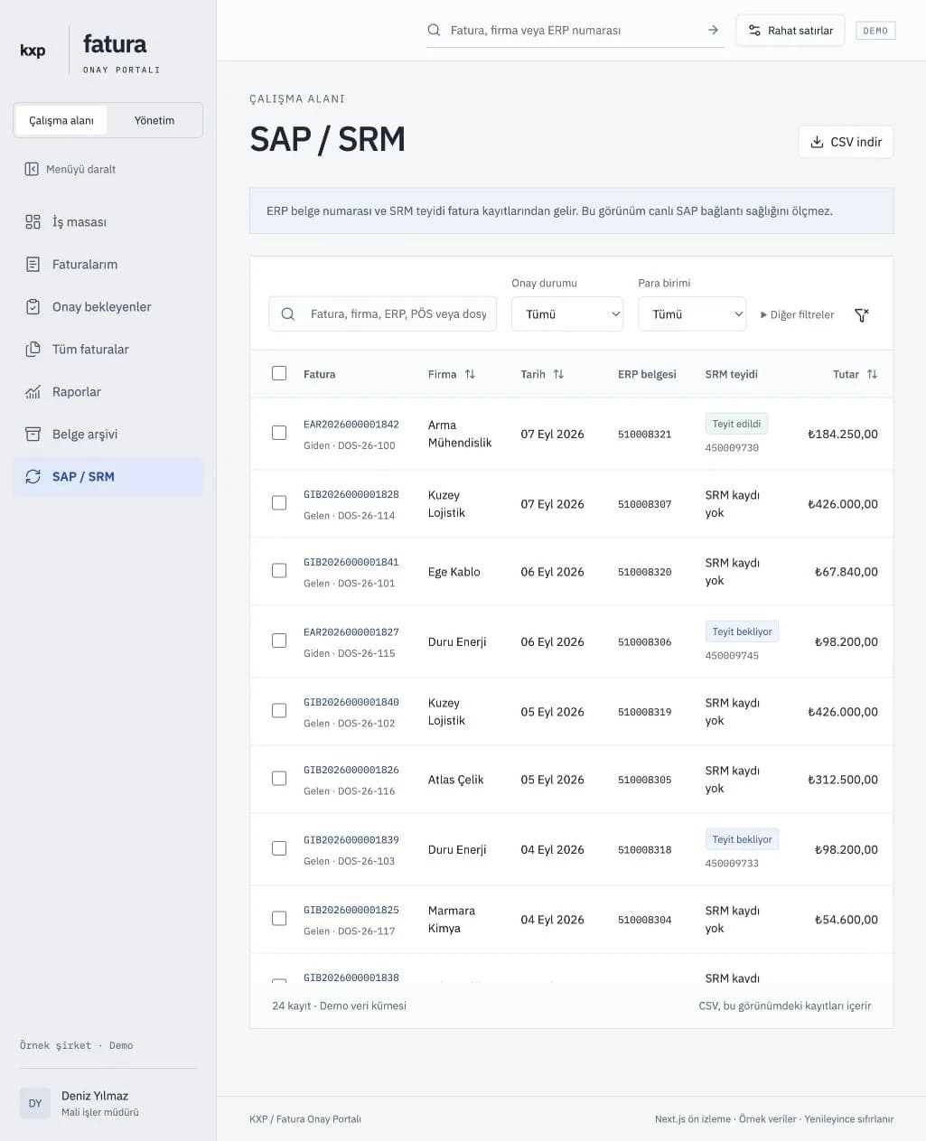 SAP / SRM belge numaraları ve sipariş teyitleri